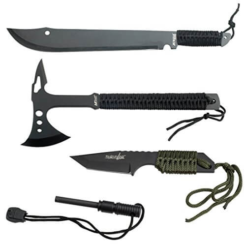 Jungle Master JM-021, Mtech MT-AXE8 Camp Axe, Survivor HK-106320 Tanto Knife with Fire Starter 7 Piece Kit - LivingObscure.com