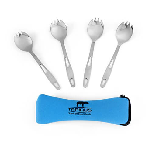 Tapirus Spork of Steel Classic (Set of 4) - Stainless Steel Fork/Spoon Combo Utensil - Flatware for Camping, Mess Kits, Survival Gear, Prepper Supplies - Indoor/Outdoor Use + Carry Case - LivingObscure.com