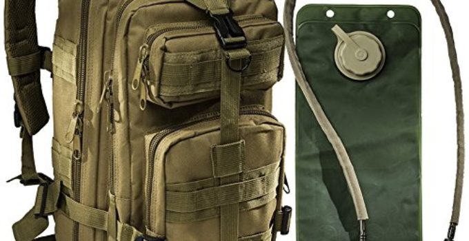 Small Tactical Military Army Backpack By Monkey Paks -Hydration Water Bladder Included – Water Resistant Rucksack – Makes a Great Bug Out Bag or Daypack (Tan)