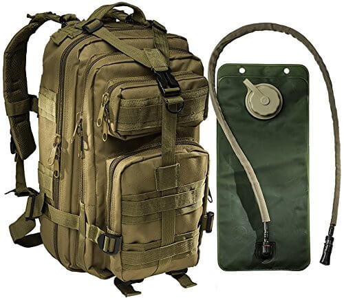 Small Tactical Military Army Backpack By Monkey Paks -Hydration Water Bladder Included - Water Resistant Rucksack - Makes a Great Bug Out Bag or Daypack (Tan) - LivingObscure.com