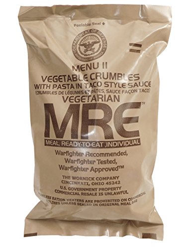 MRE (Meals Ready-to-Eat) Select Your Meal, Genuine US Military Surplus Meals (MRE Vegetable Crumbles with Pasta in Taco Sauce)