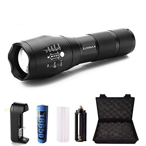EliteMax Best and Brightest Tactical LED Flashlight, 18650 Lithium Ion Battery and Charger, Zoomable Adjustable Focus 5 Modes Strobe SOS, Water Resistant Outdoor Torch - LivingObscure.com